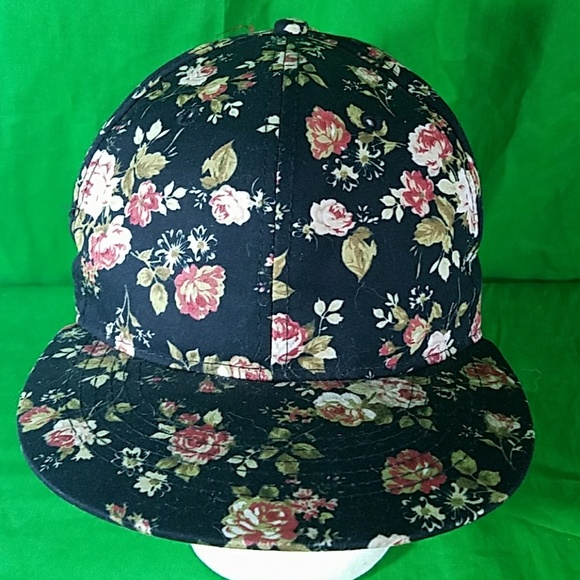 Floral Black Pink Flower Print Snapback Hat - Picture 1 of 6